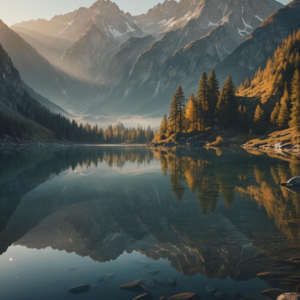 Mountains Reflected in Lake at Sunrise: Cinematic