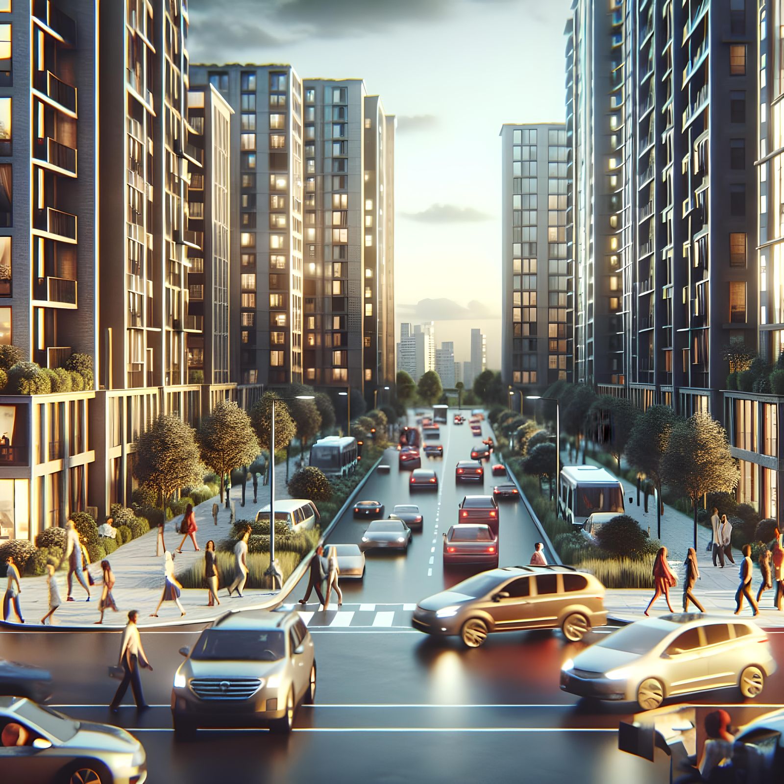 Vibrant Cityscape with Cinematic Lighting and Film Grain