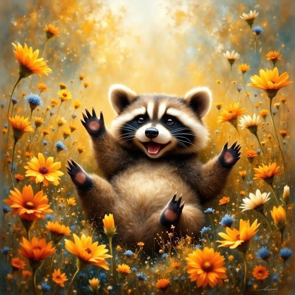Whimsical Raccoon in a Vibrant Floral Oasis