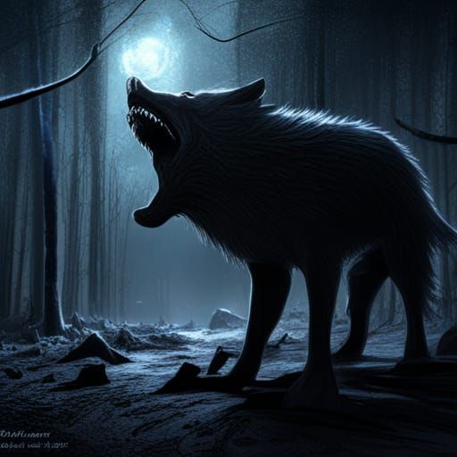 Menacing Wolf Fangs in Snowy Forest, Horror Style