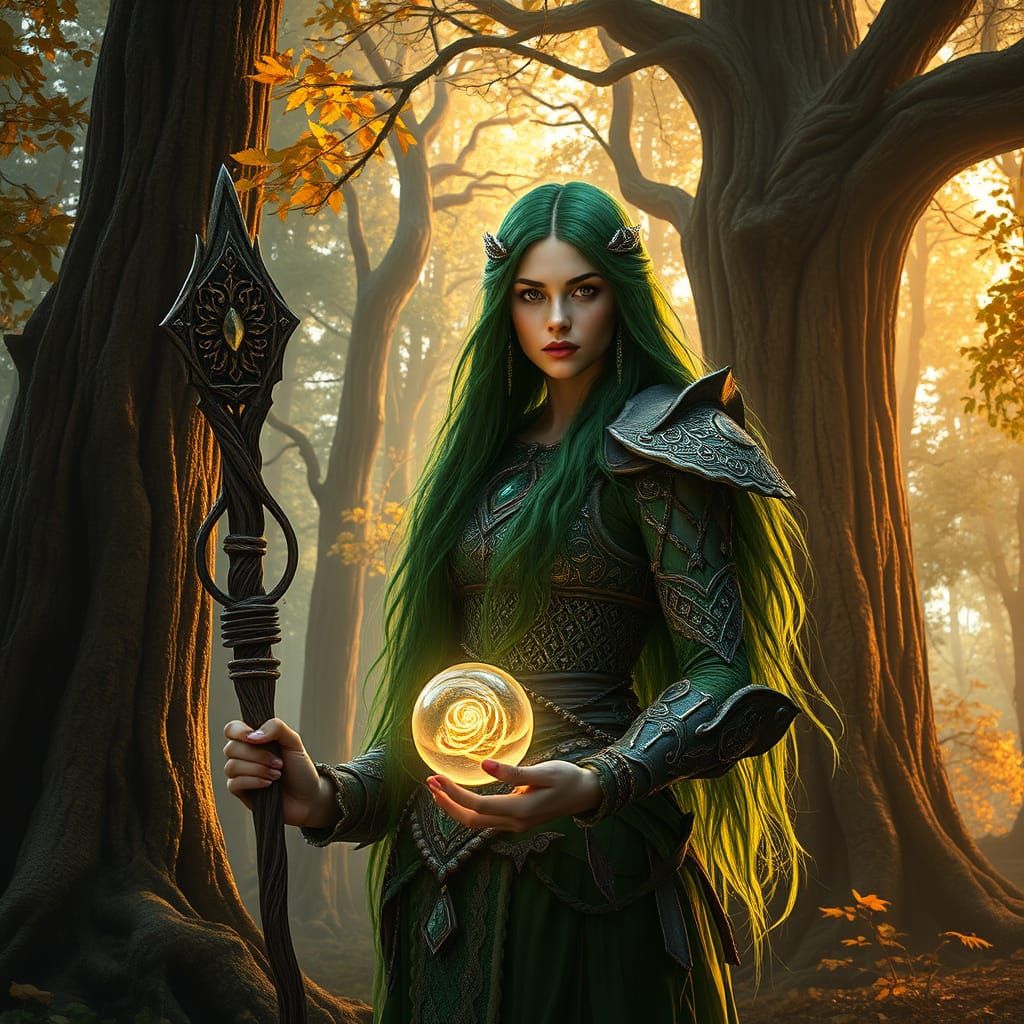 A forest guardian, with emerald-green hair and golden, pierc...