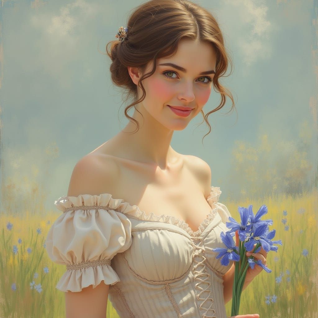 Elegant Woman with Iris Bouquet in Impressionist Style