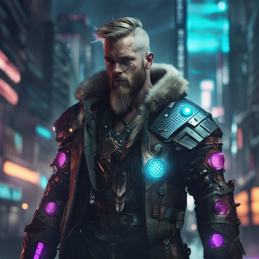 Cyberpunk Viking Warrior in Futuristic Armor