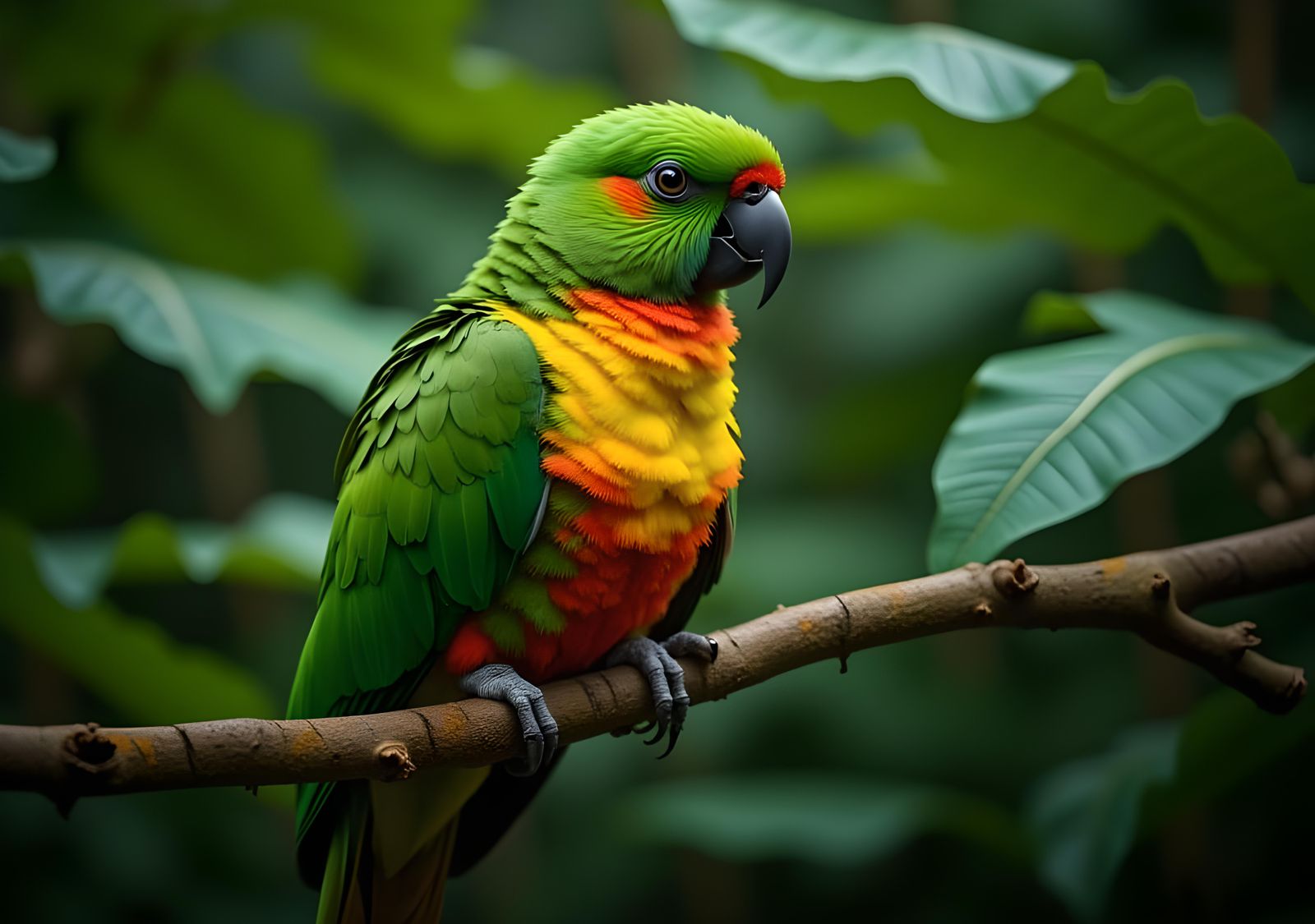 Vivid Parrot in Tropical Rainforest, Photorealistic Capture