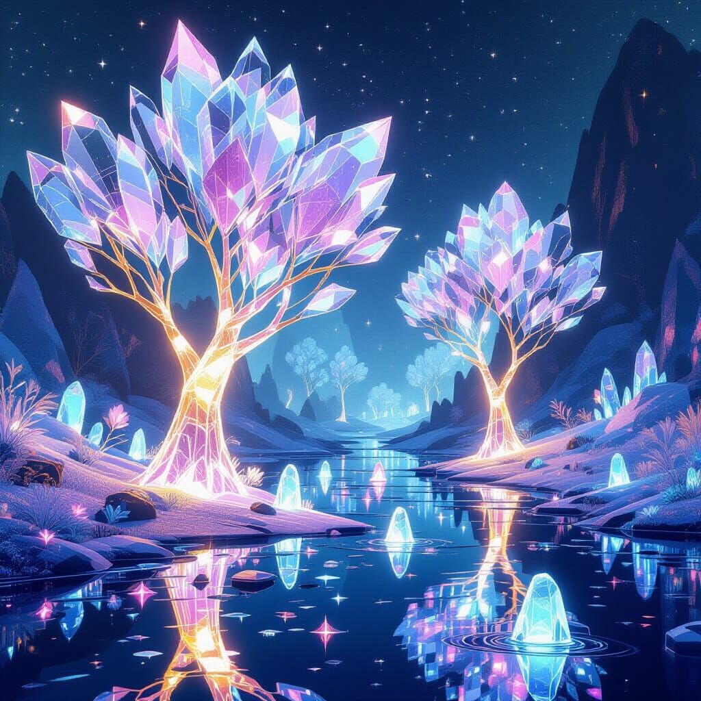 Radiant Crystal Forest with Ethereal Creatures
