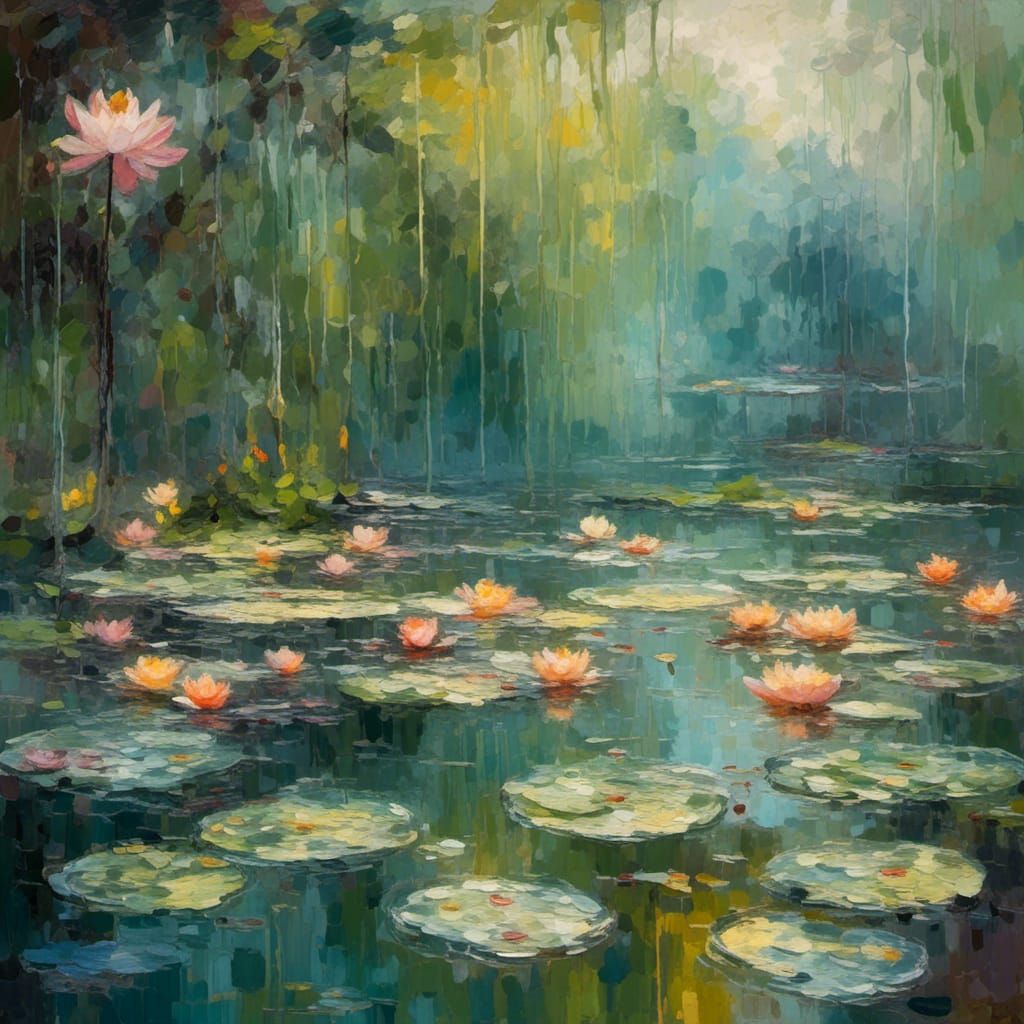 Monet's Rainy Garden: A Surreal Oil Painting