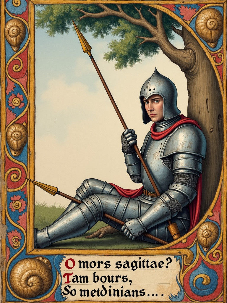 Illuminated Medieval Knight's Annoyance at Arrow Death