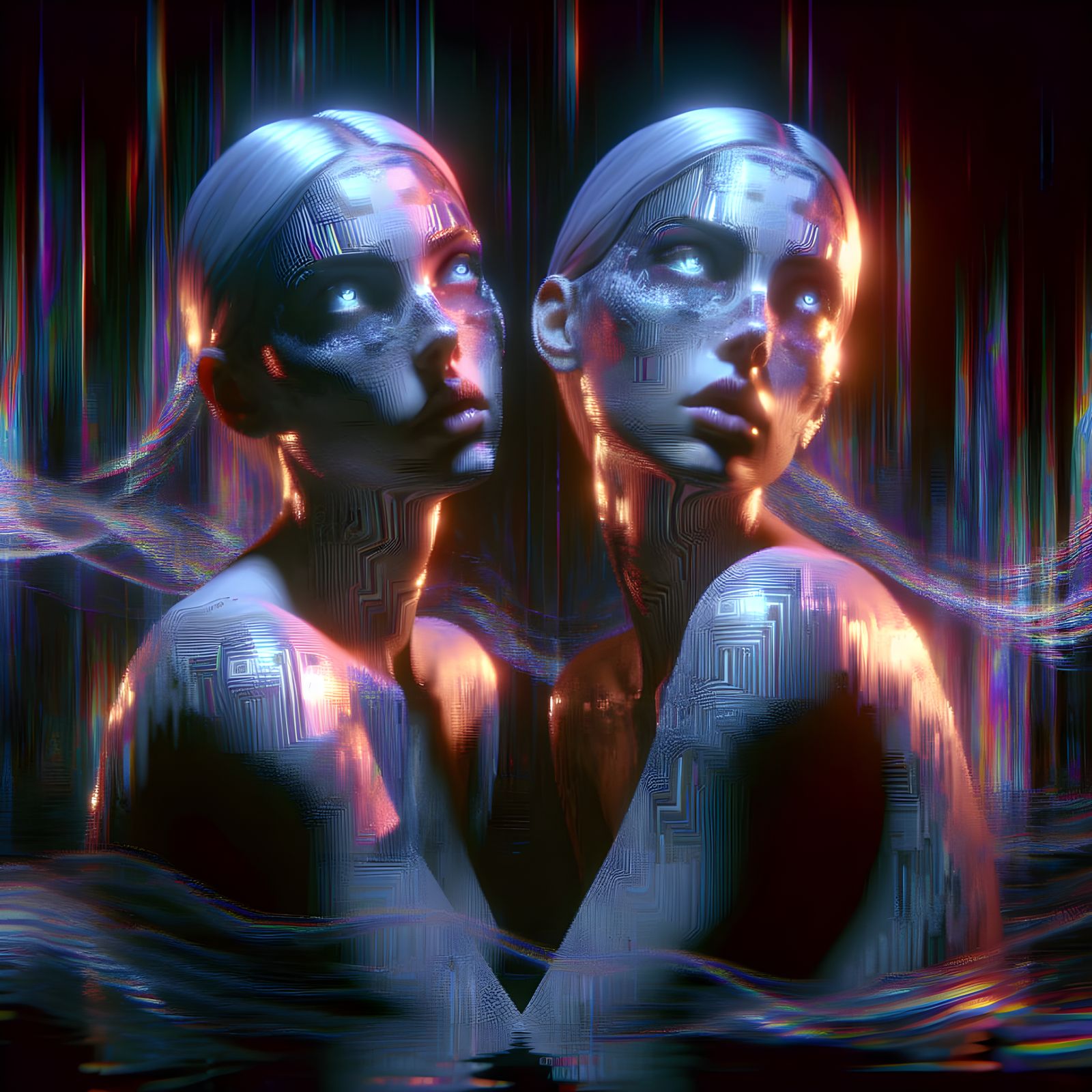 Zodiac Twins Bathed in 8-Bit Holographic Glow