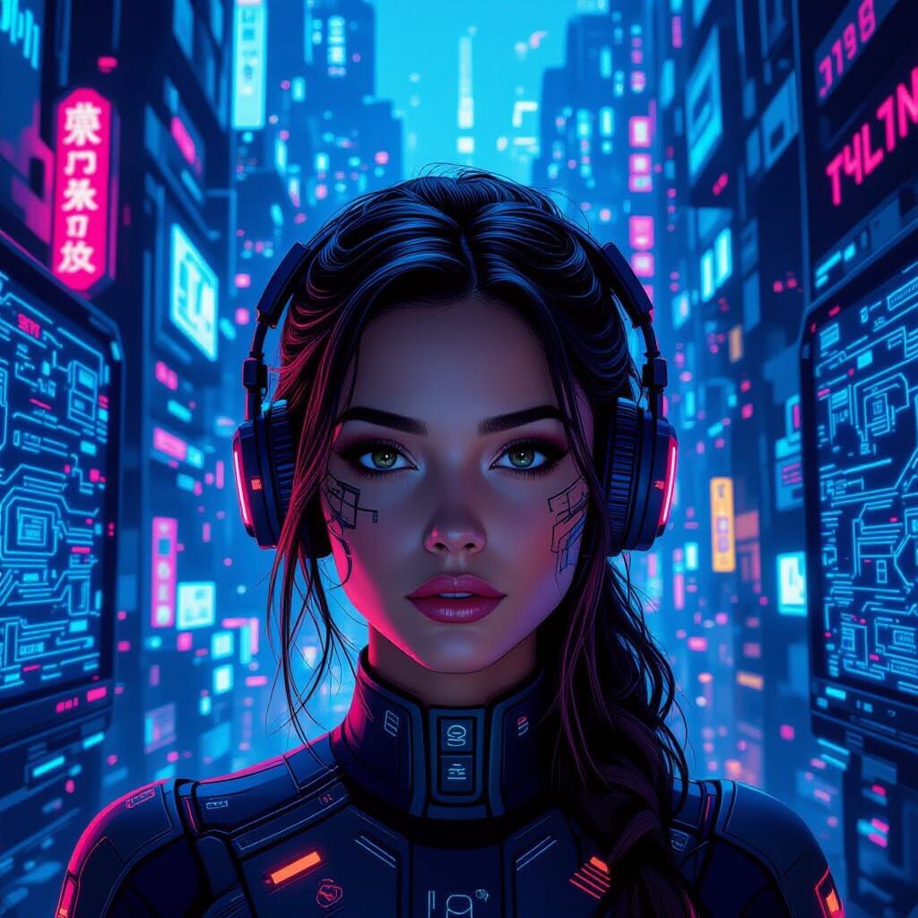 Arcane Terminals in a Neon Cyberpunk Cityscape