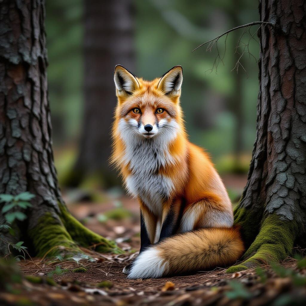 Lonely Fox Sits in Forest Tree