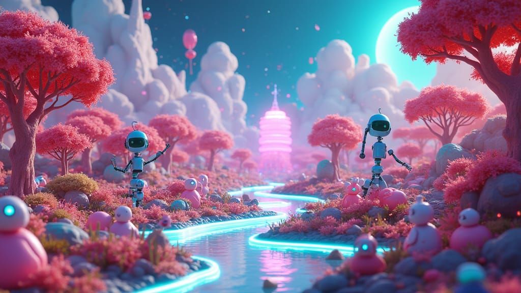 Surreal Cyberpunk Dreamscape with AI Holograms and Cartoon C...