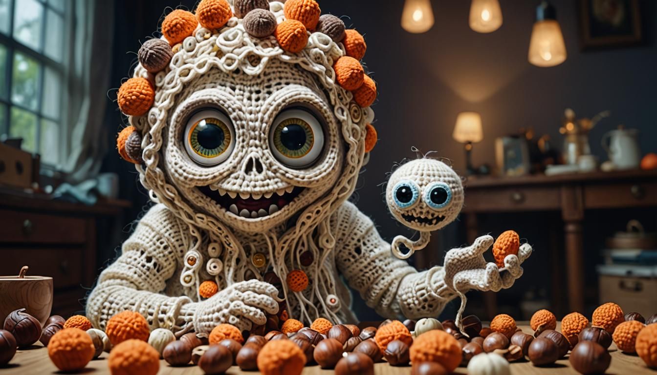 Funny Squirrel Crocheting Googly-Eyed Ghost: Caricature