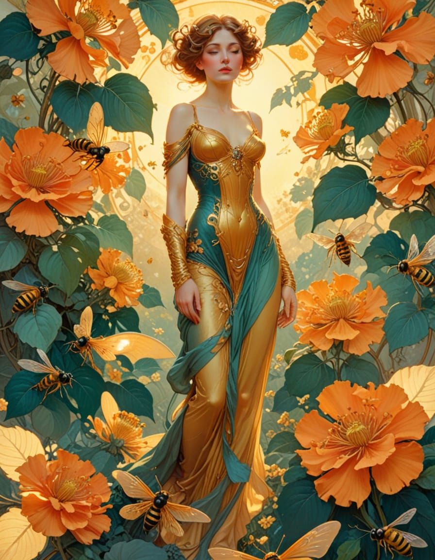 Art Nouveau Woman with Wasps in Garden