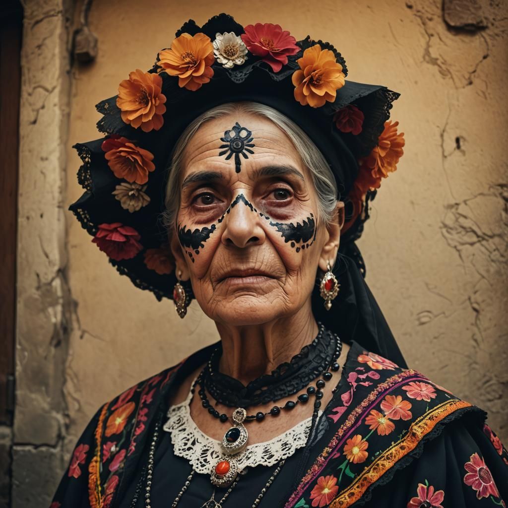 Elegant Elderly Spanish Woman in Catrina Costume