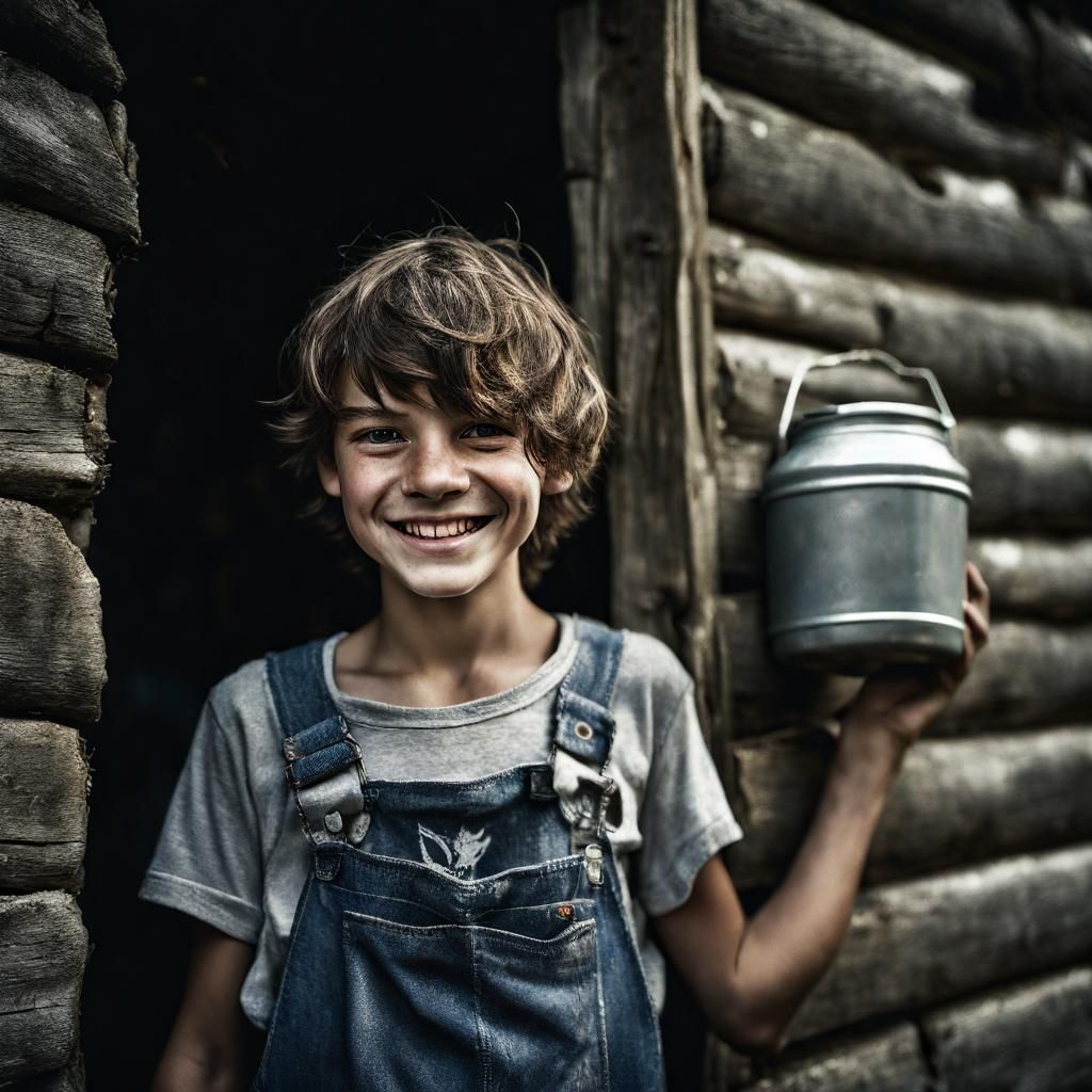 Happy Teenager with Milk Pail Portrait