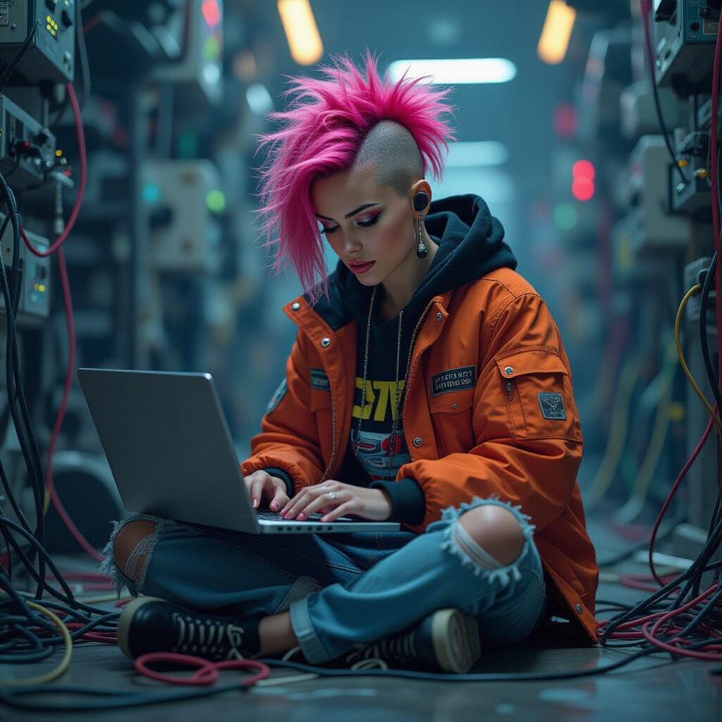 Woman with Pink Mohawk Working on Laptop in Cyberpunk Style