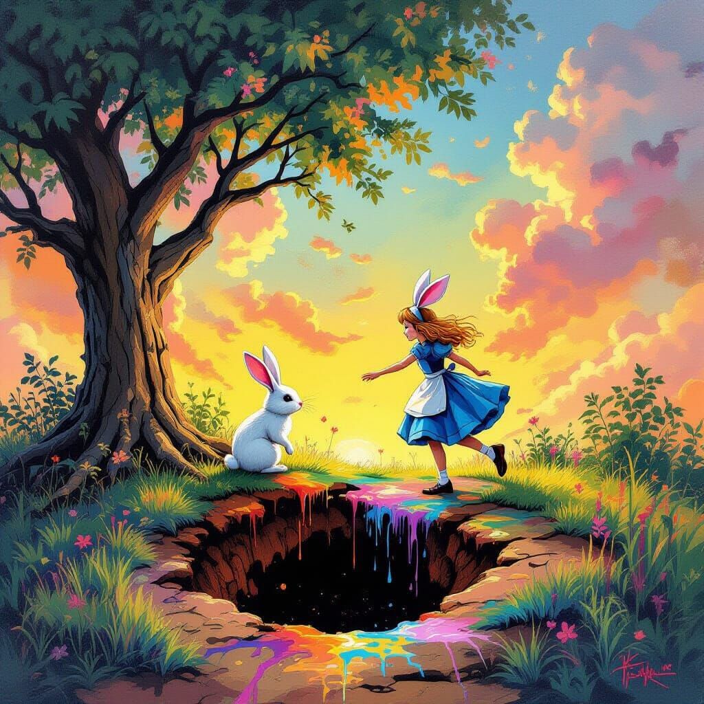 Alice Chasing White Rabbit into Hole Painting