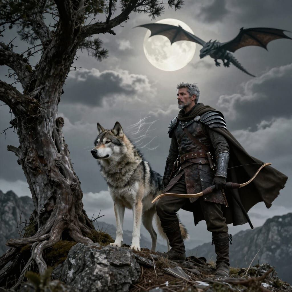 Wolf Husky and Rogue on Mountain Peak with Dragon