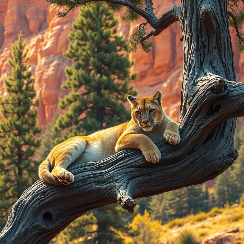 Mountain Lion in Forest, Realistic Digital Art