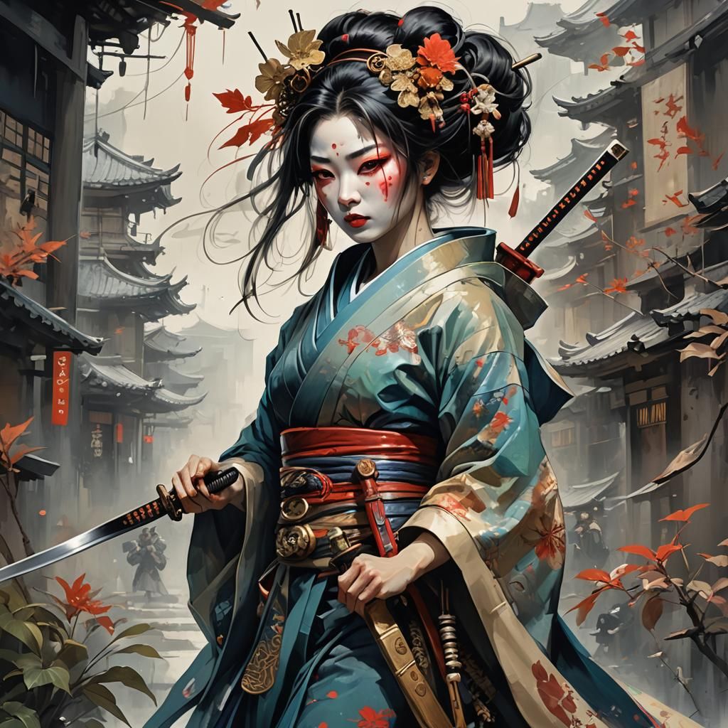 Geisha Assassin in Harajuku Outfit: Digital Art