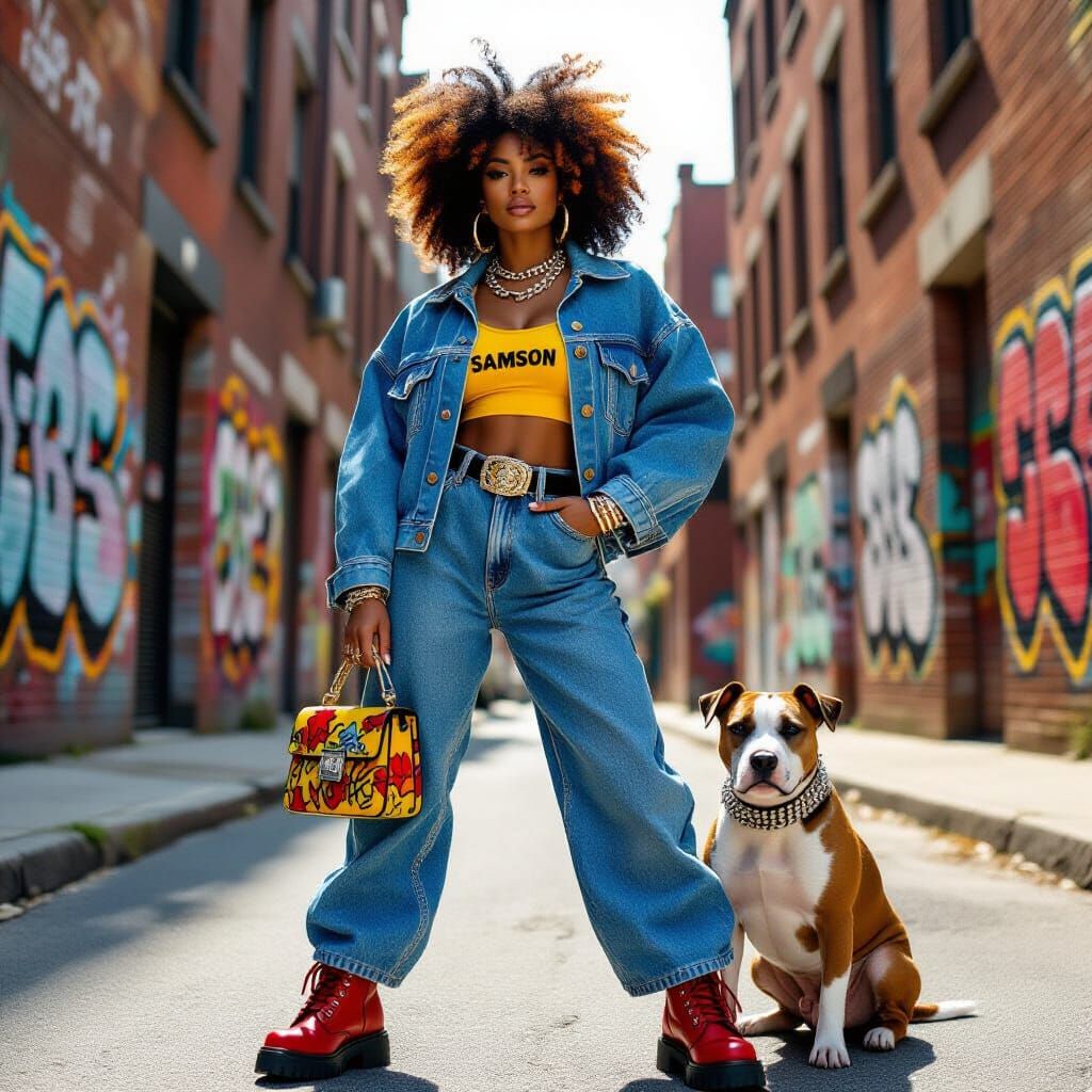 Powerful Woman in Graffiti Jacket in Urban Alley