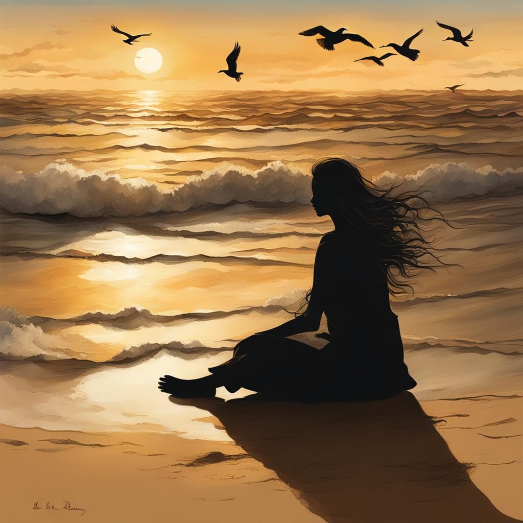 Sunset Silhouette: Woman on Sandy Beach in Matte Painting