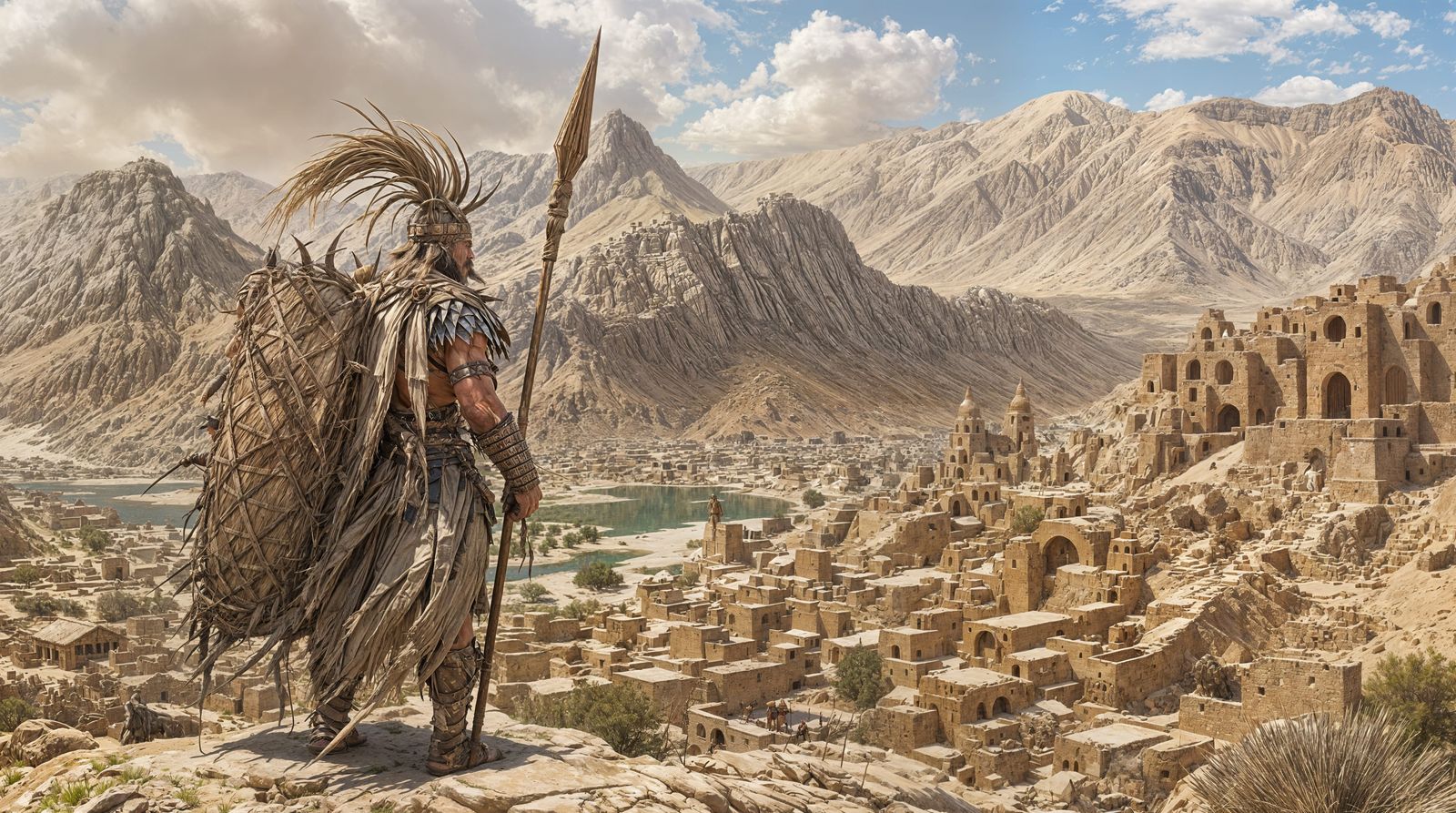 Ancient Warrior in Tribal Armor Looks Down Upon Ancient Sume...