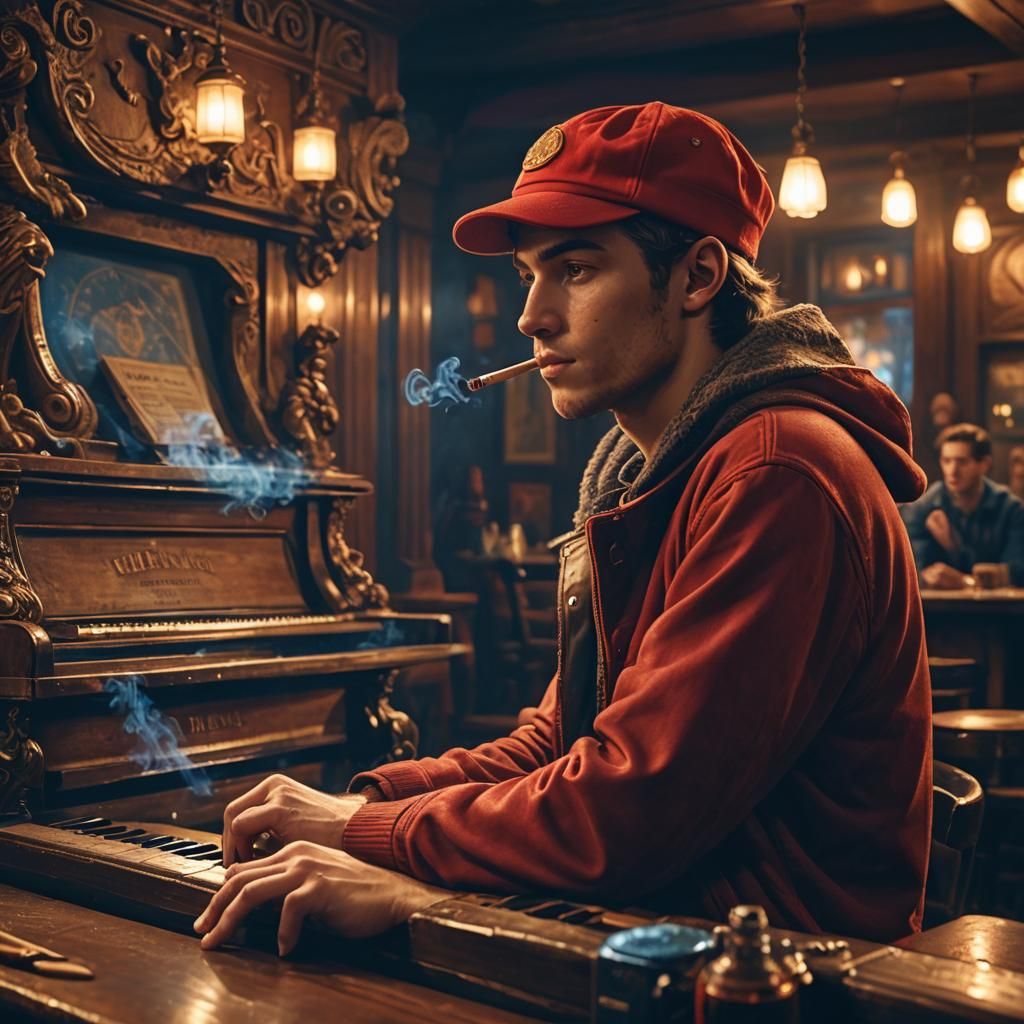 Contemplative Young Man in Bar, Cinematic Matte Painting