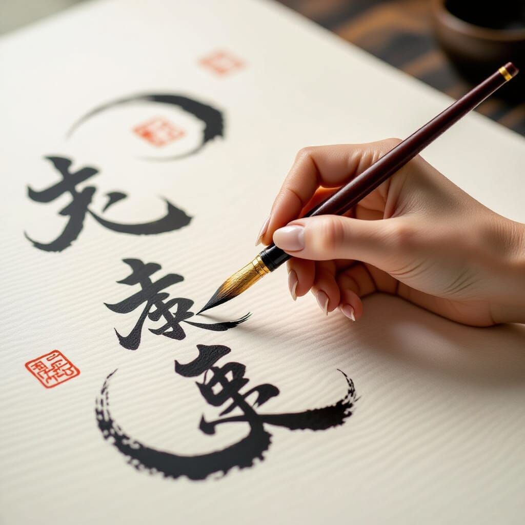 Elegant Hand Creates Kanji in Sumi-e Style