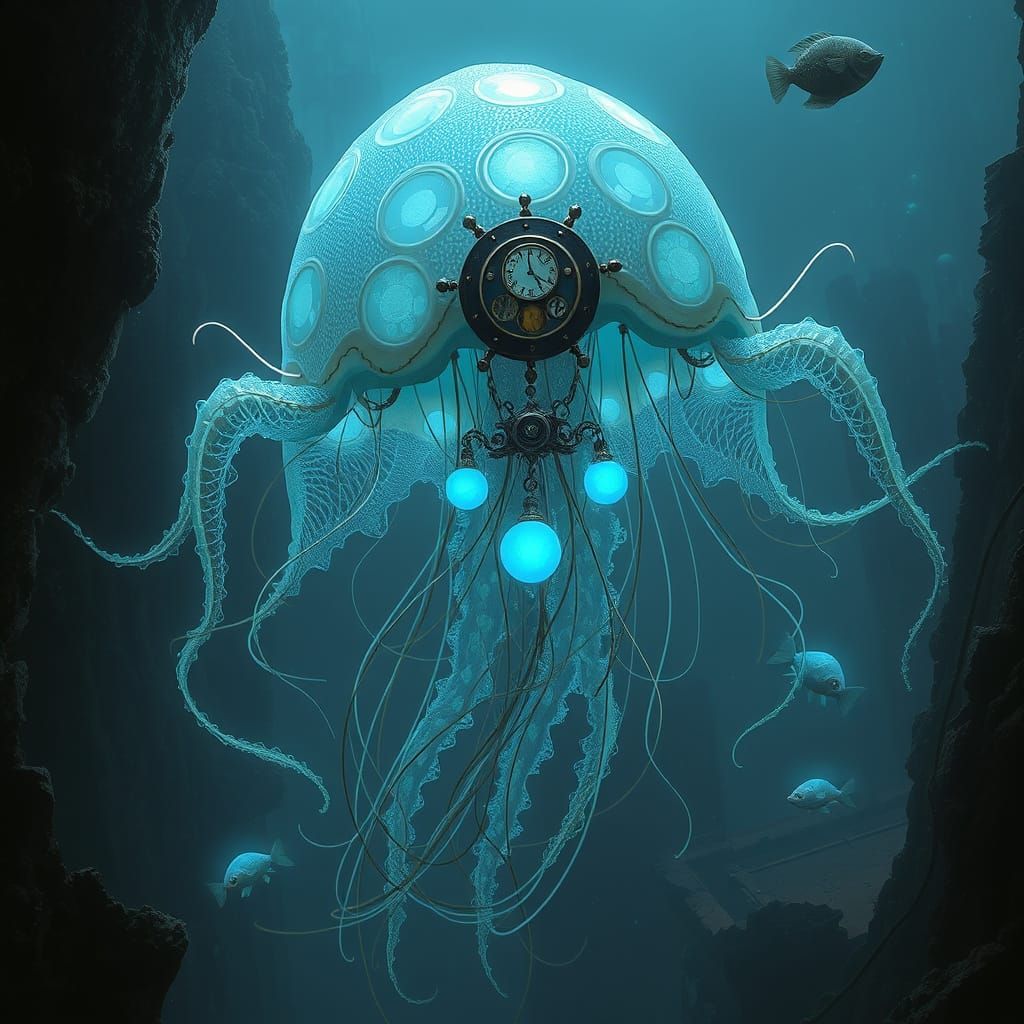 Bioluminescent Steampunk Jellyfish in Sunken City Ruins