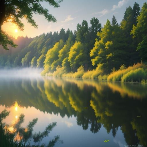 Impressionist Landscape with Blooming Trees and Serene Lake