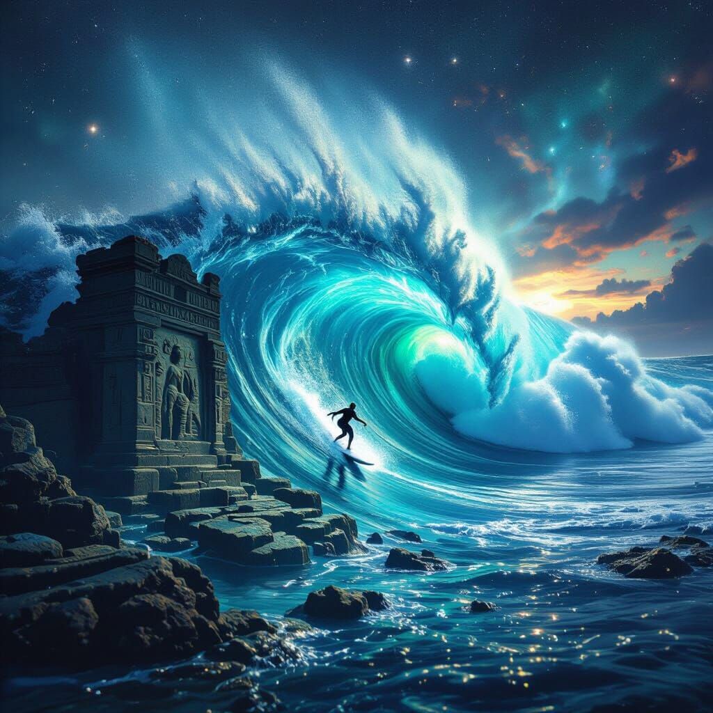 Surfer Rides Colossal Wave Over Ancient City Under Nebula Sk...