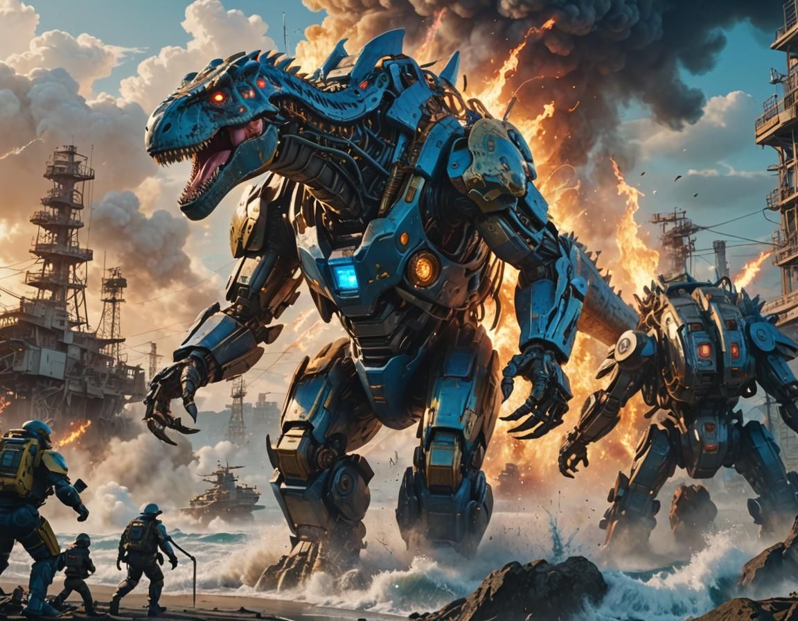 Mecha T-Rex Attacks in Japanese Anime Style