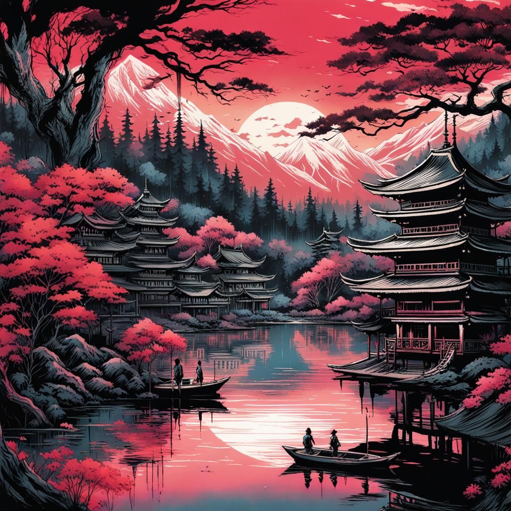 Japanese Lake: Double Exposure Collage Art