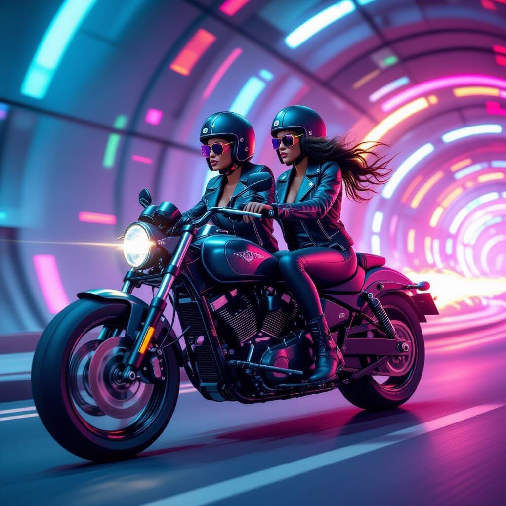 Motorbike Riders in Tunnel with Abstract Lights