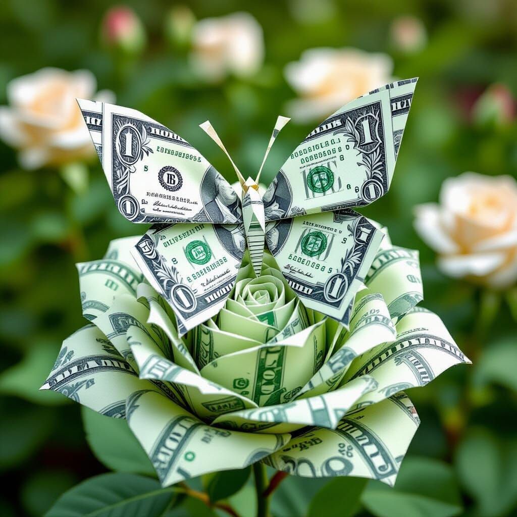 Origami Dollar Butterfly on Rose in Garden