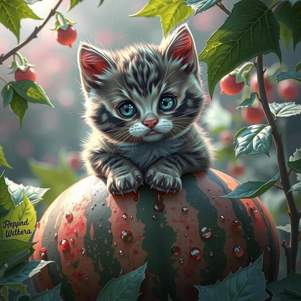 Kittens Feast on Watermelon in Vibrant Hyper-Realistic Style