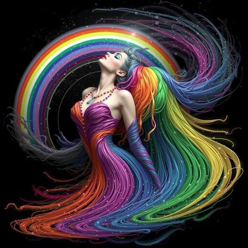 Rainbow Spirals: Woman Dissolves into Color