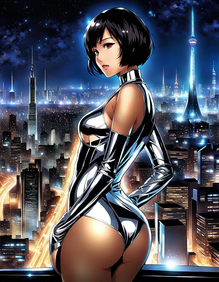 Anime Indonesian Woman in Futuristic Cityscape