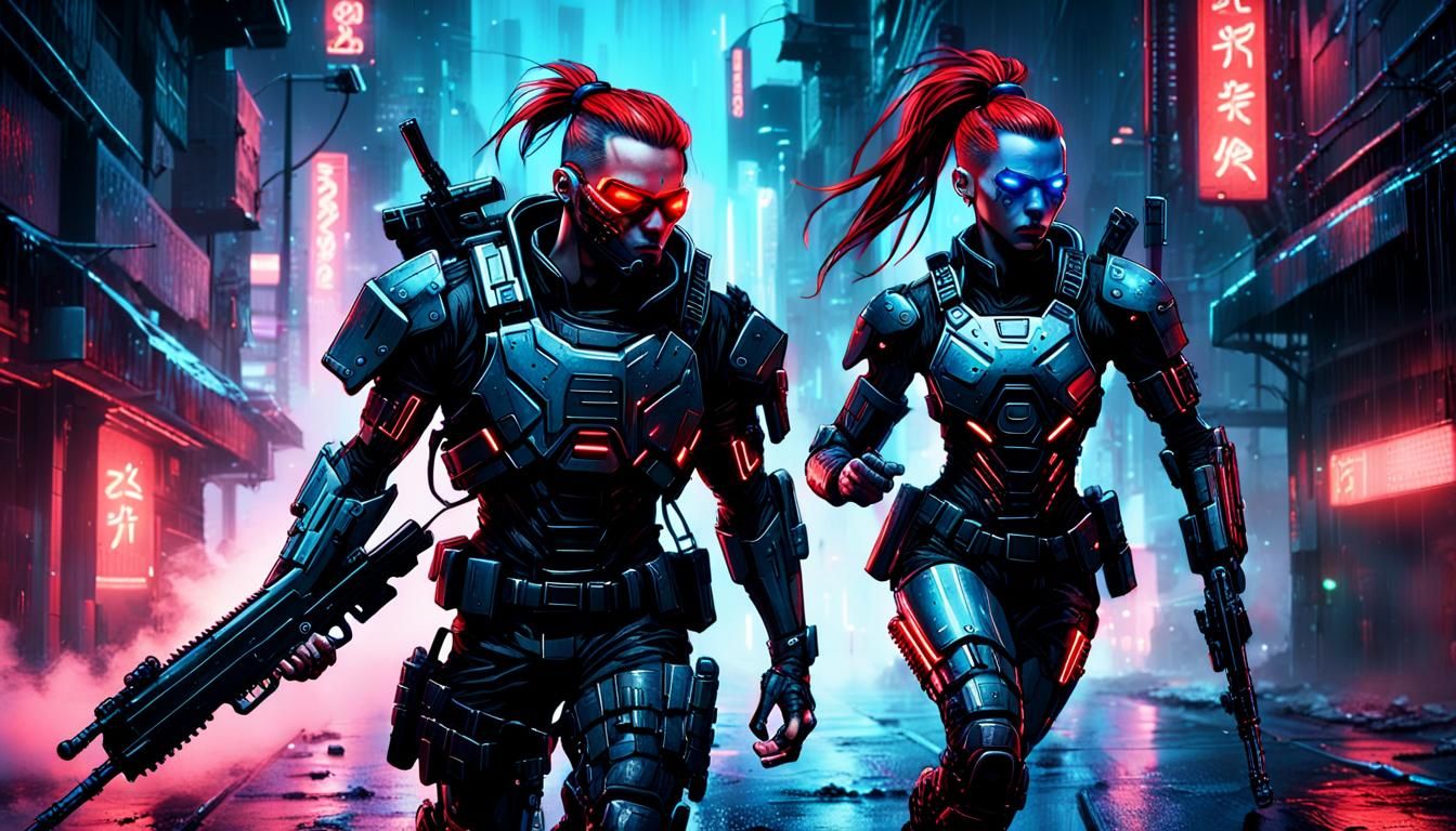 Cyberpunk Warrior in Neon-Noir Cityscape