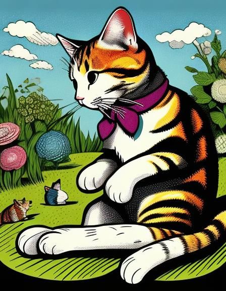 Whimsical Black and White Cat Illustration for Children