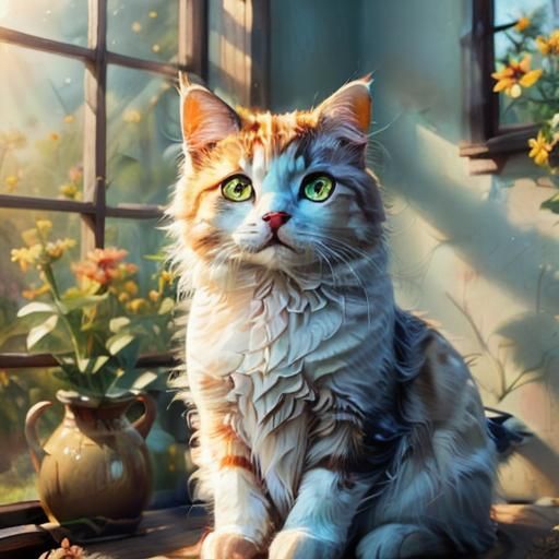 Fluffy Calico Cat in Sunlight: Whimsical Digital Art