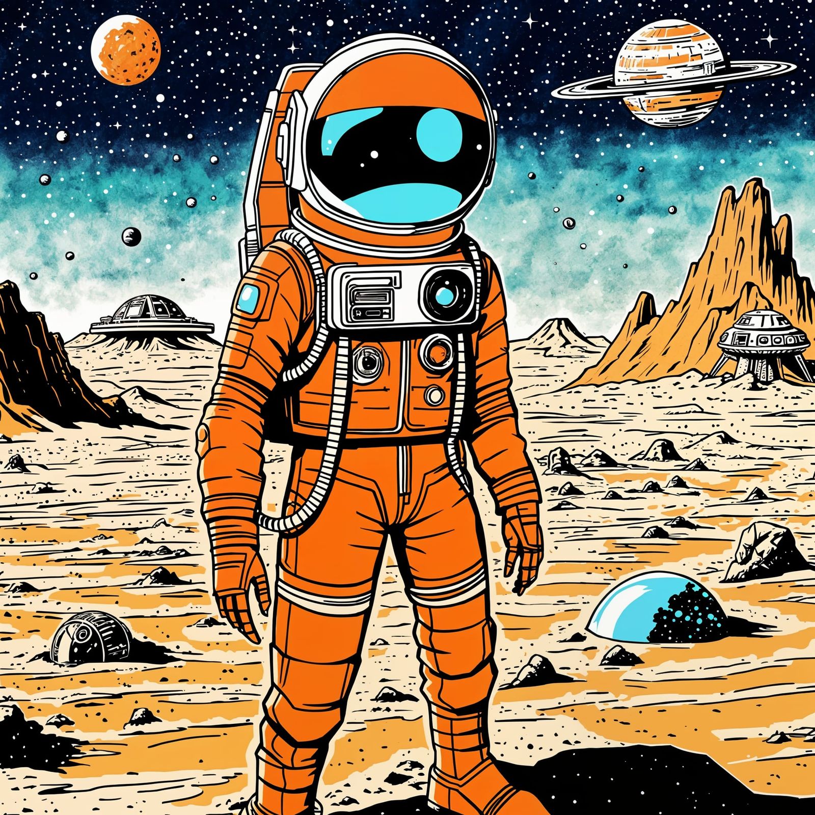 Retro Anime Astronauts on Desert Planet