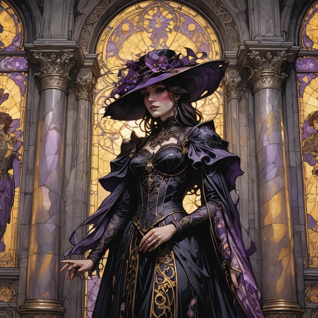 Gothic Woman Between Columns in Art Nouveau Style