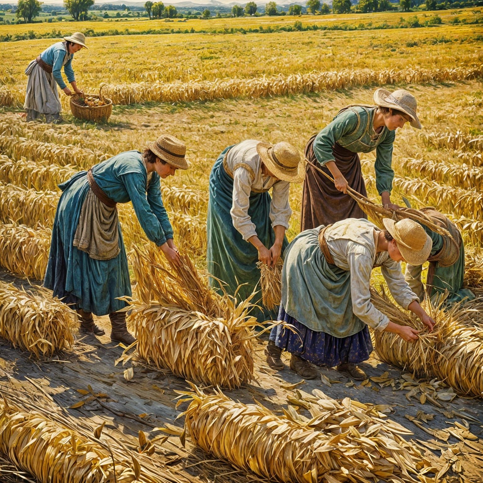Women Gleaning Corn in a Medieval Landscape