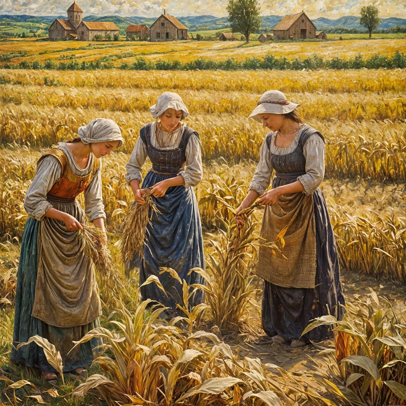 Peasant Women Gather Grains in a Medieval Landscape