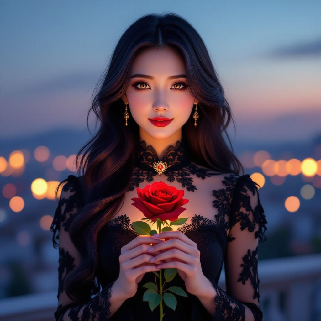 Asian Woman with Rose in Anime Style