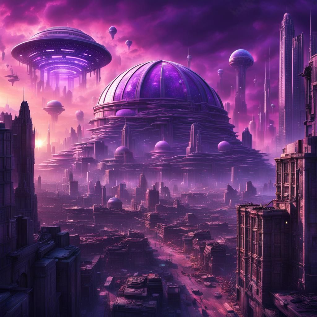 Futuristic Purple City with Mantis Architecture