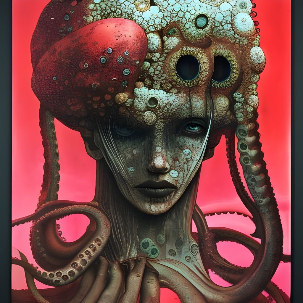 Surreal Woman with Octopus Eyes in Mixed Media