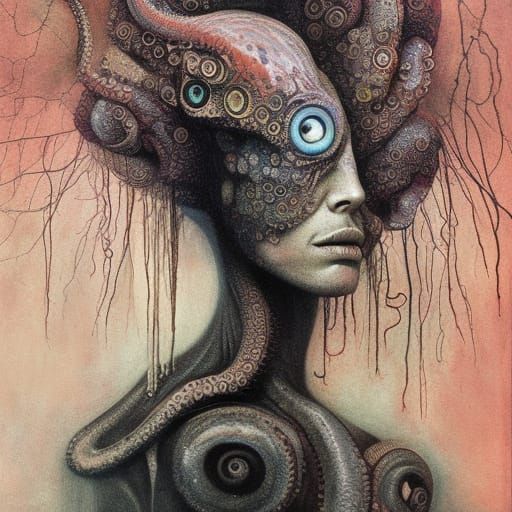 Surreal Octopus-Eyed Woman in Mixed Media Style